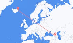 航班从格鲁吉亚第比利斯市到埃伊尔斯塔济市，冰岛塞尔