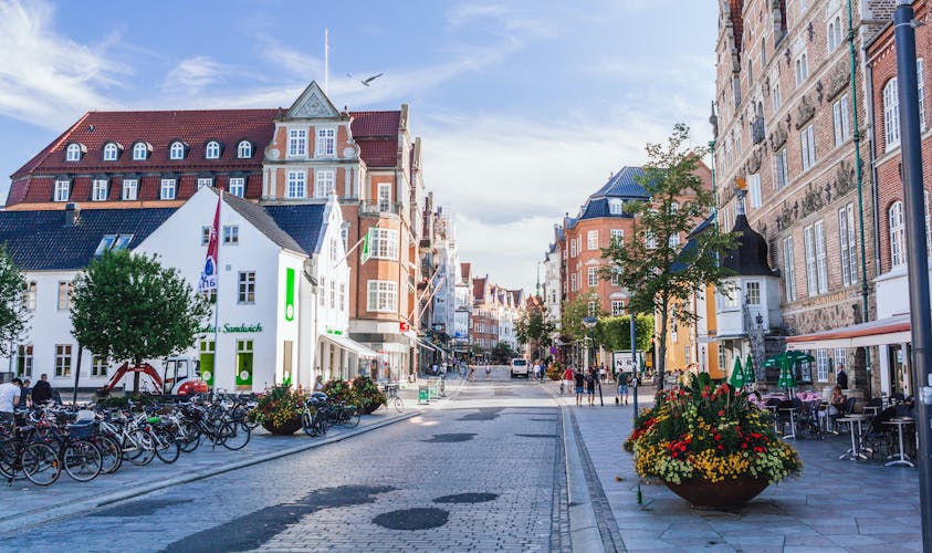Colorful scene at the Aalborg old town center near Jens Bangs Stonehouse