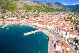 Photo of aerial view of town of Senj and Nehaj fortress , Adriatic sea, Primorje region of Croatia.