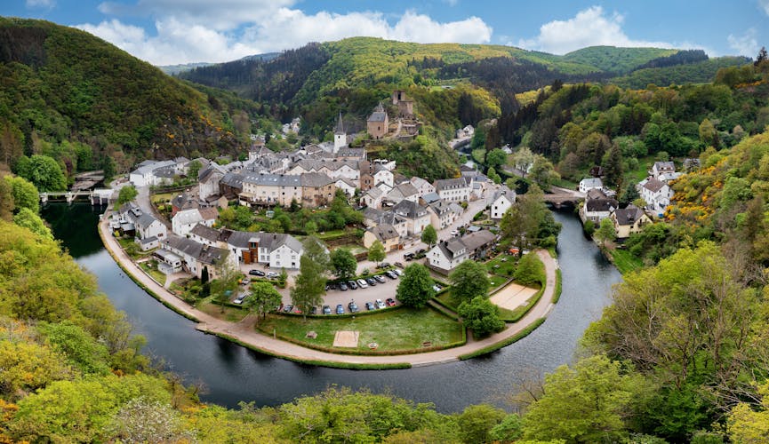 Photo of aerial view of Esch-sur-Sure, medieval town in Luxembourg.