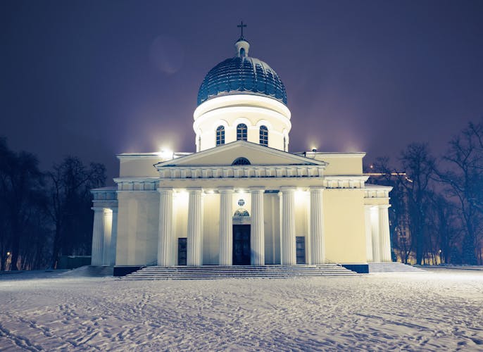 Nativity main central cathedral with snow at night in chisinau, moldova.