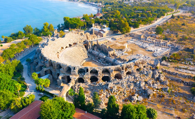 Photo of Aerial view of the amphitheater in the ancient Side town, Antalya Province.