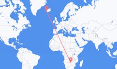 Fly fra byen Victoria Falls, Zimbabwe til byen Reykjavik, Island
