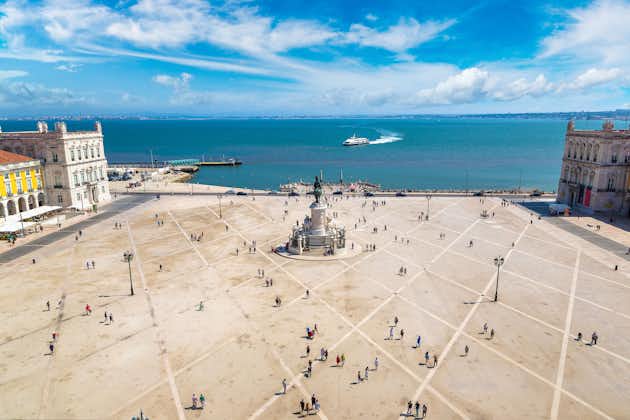 Photo of aerial view of Praca do comercio in Lisbon, Portugal.