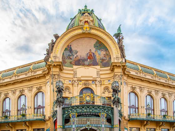 Photo of Municipal House Art Nouveau historical building at Republic Square, in Prague, Czech Republic.