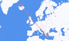航班从希腊伊拉克利翁市到阿克雷里市，冰岛塞尔
