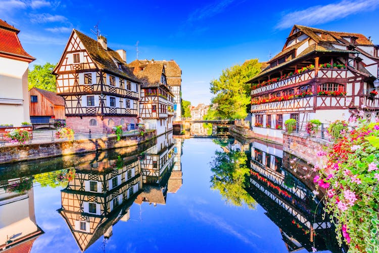 Photo of Strasbourg, Alsace, France. Traditional half timbered houses.