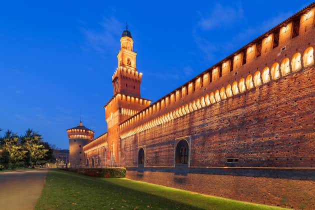 photo of Sforzesco Castle outer wall in Milan, Italy at twilight.