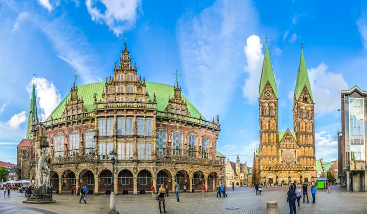 Photo of ancient Bremen market square in the centre of the Hanseatic City of Bremen with view on famous Church of Our Lady.