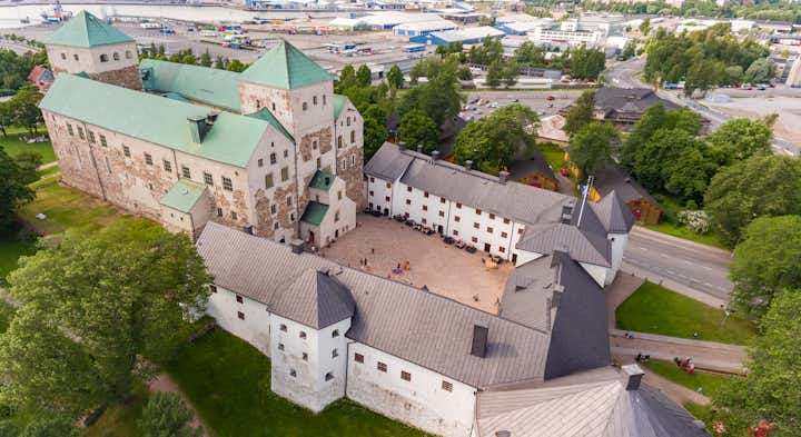 Photo of aerial view of Turku Castle at evening sun, Turku in Finland. 