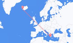 航班从希腊卡拉马塔市到雷克雅维克市，冰岛塞尔