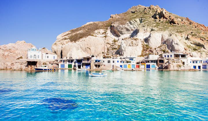 Photo of traditional fishing village Firopotamos and its blue beach, Milos island, Cyclades, Greece