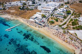 Photo of aerial view of the beautiful beach of Agios Ioannis Diakoftis on the island of Mykonos, Greece.
