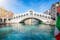 photo of beautiful view from the canal grande to the famous rialto bridge in Venice, Italy, without people and clear, emerald water.