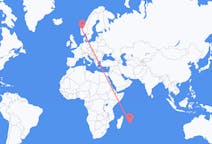 Vluchten van Mauritius Eiland, Mauritius naar Sogndal, Noorwegen