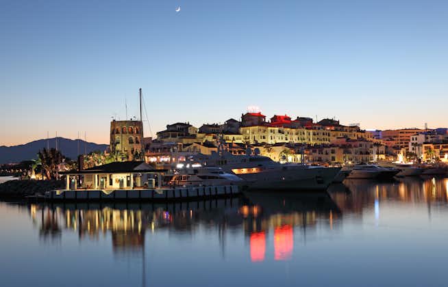 Photo of Puerto Banus at dusk, the marina of Marbella, Costa del Sol, Andalusia, Spain.
