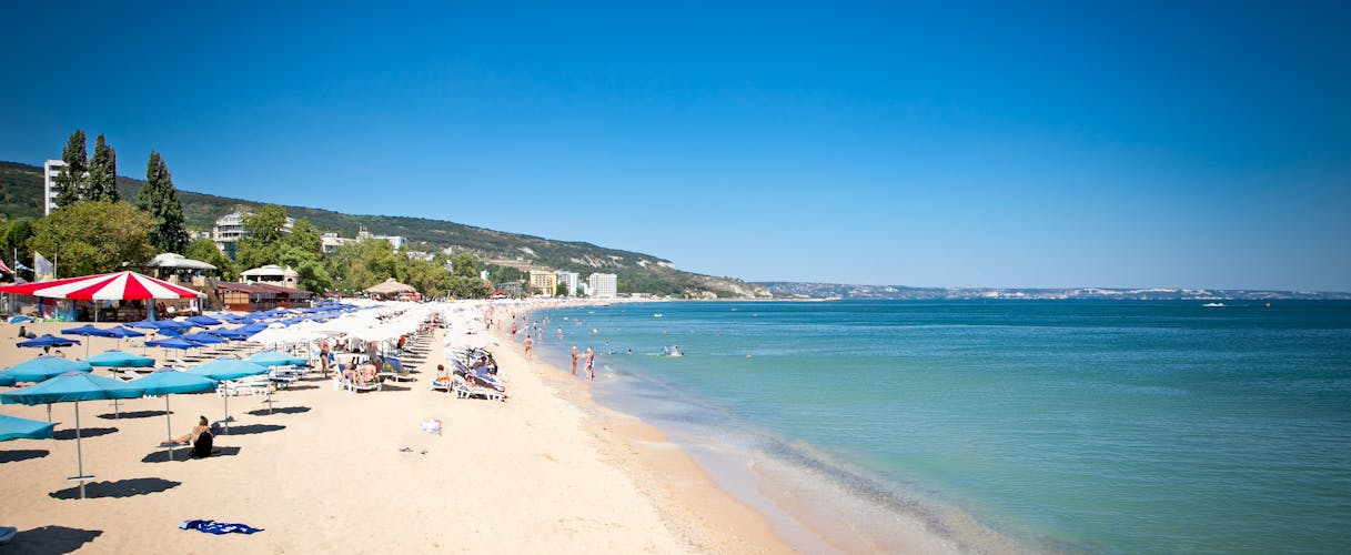 Photo of panoramic view on Varna beach on Black sea in Bulgaria.