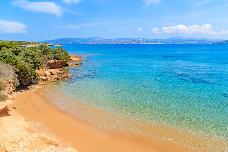 Photo of beautiful beach near Santa Maria village, Parikia ,Paros island, Greece.