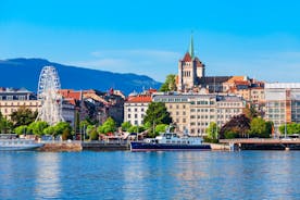 Panoramic view of historic Zurich city center with famous Fraumunster, Grossmunster and St. Peter and river Limmat at Lake Zurich on a sunny day with clouds in summer, Canton of Zurich, Switzerland
