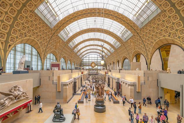 Photo of Main hall of Orsay Museum, French: Musee d Orsay, in former train station building, Paris, France.