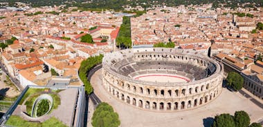 Photo of Nimes Arena aerial panoramic view. Nimes is a city in the Occitanie region of southern France.