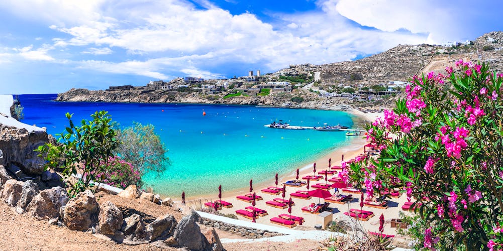 Photo of most famous and beautiful beaches of Mykonos island.