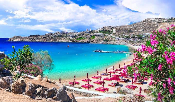 Photo of most famous and beautiful beaches of Mykonos island.