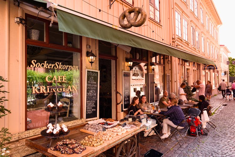 Cafe in pedestrian street Haga Nygata in city center of Gothenburg, Sweden.
