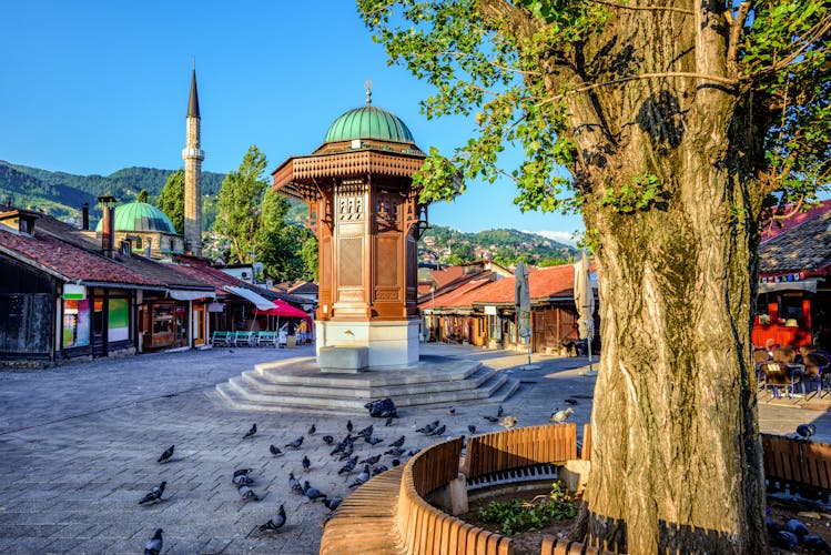 Bascarsija square with Sebilj wooden fountain in Old Town Sarajevo, capital city of Bosnia.