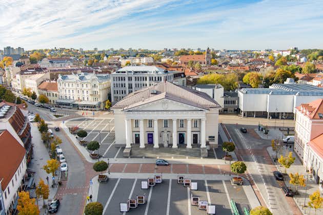Aerial view of the Town Hall Square at the end of the Pilies Street, a traditional centre of trade and events in Vilnius. Beautiful autumn day in the capital of Lithuania.