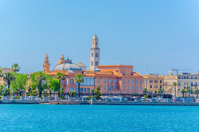 View of the Bari waterfront dominated by the Margherita theater and San Sabino Cathedral, Italy.