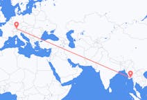 Flyg från Rangoon, Myanmar (Burma) till Friedrichshafen, Tyskland