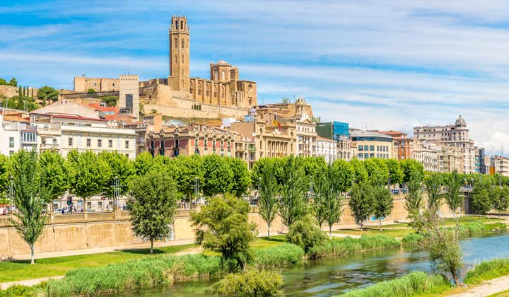 View at the Old Cathedral Seu Vella with Segre river in Lleida, Spain