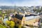 photo of panoramic view of luxembourg. Neumünster abbey, Alzette river, willow, forest on the background.