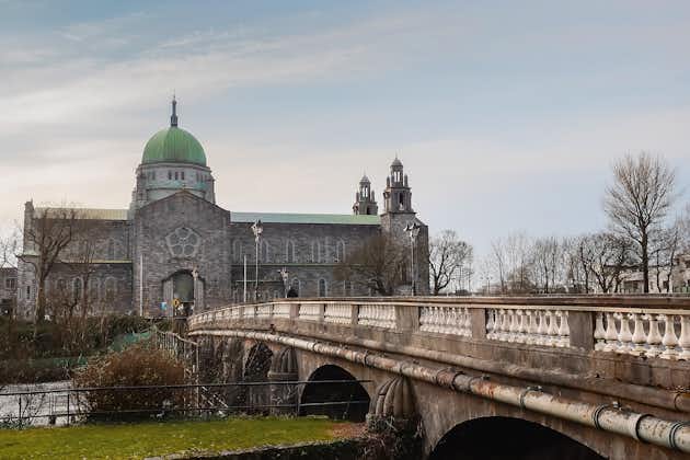 photo of Galway cathedral building and Salmon Weir Bridge over river Corrib. Galway city, Ireland.Sun flare. Town landmark and tourist attraction. Church with unique atmosphere .