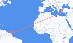 Flyg från Cayenne, Frankrike till Rhodes, England, Grekland