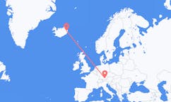 航班从德国慕尼黑市到埃伊尔斯塔济市，冰岛塞尔