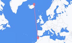 航班从摩洛哥马拉喀什市到埃伊尔斯塔济市，冰岛塞尔