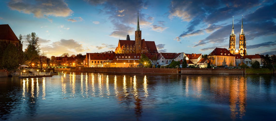 Panoramic evening view on Wroclaw Old Town. Island and Cathedral of St John with bridge through river Odra. Wroclaw, Poland.