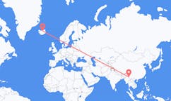 航班从中国芒市市到阿克雷里市，冰岛塞尔