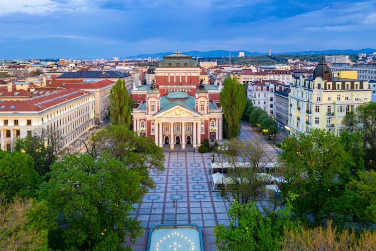 Photo of aerial view of Ivan Vazov Theatre in Sofia, Bulgaria.
