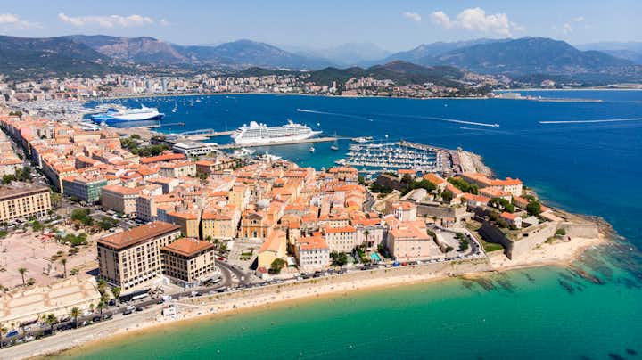 Ajaccio, aerial view of the city and harbor in Corsica, France