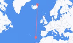 航班从葡萄牙丰沙尔市到埃伊尔斯塔济市，冰岛塞尔