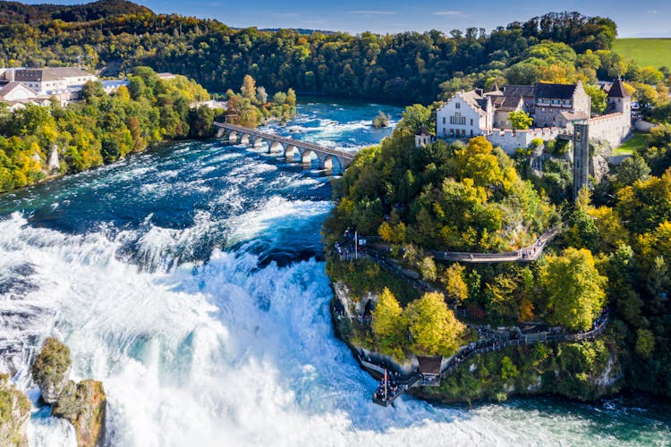 Photo of Rheinfall, Switzerland panoramic aerial view, bridge and border between the cantons Schaffhausen and Zürich.
