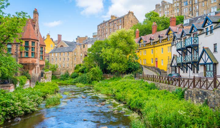 Photo of the scenic Dean Village in a sunny afternoon, in Edinburgh, Scotland.