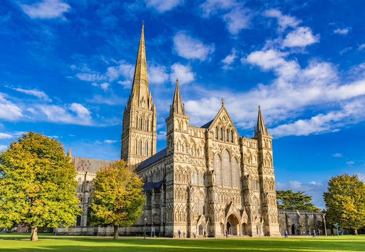 Photo of Salisbury Cathedral, formally known as the Cathedral Church of the Blessed Virgin Mary, an Anglican cathedral in Salisbury, England.