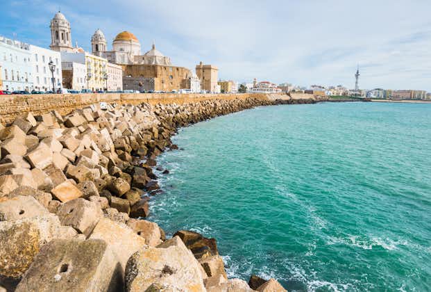 Cadiz embankment panorama in Spain with beautiful cathedral.