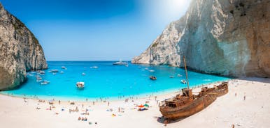 Photo of aerial view of beautiful landscape of Navagio Beach with shipwreck on Zakynthos island, Greece.