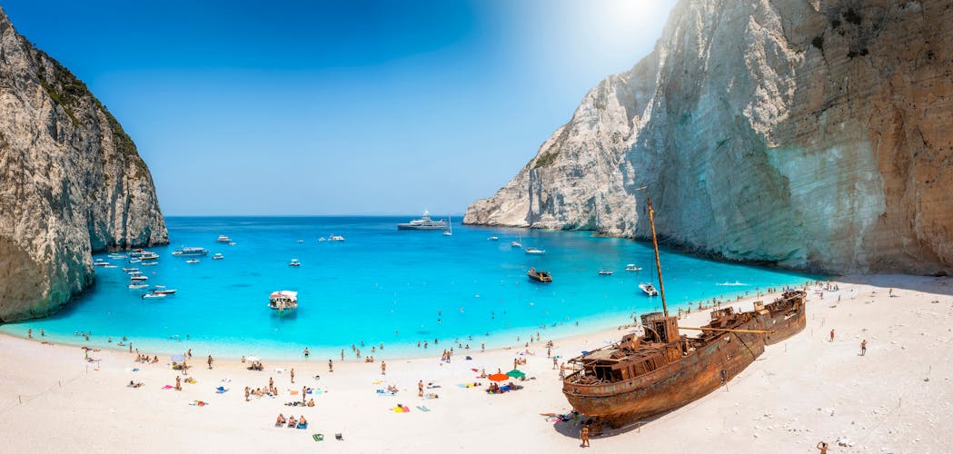 Photo of panoramic view of the famous Navagio shipwreck beach on Zakynthos island, Greece.
