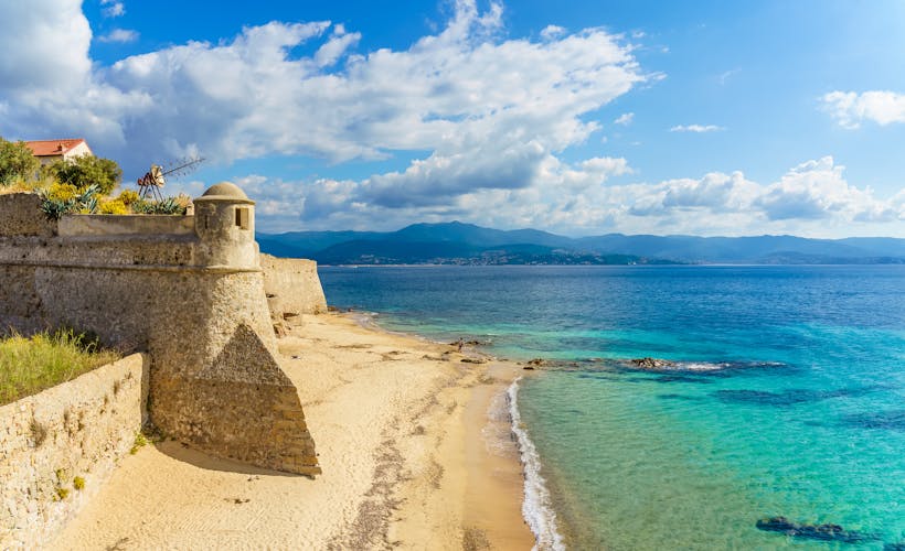Photo of landscape with Saint Francois beach and old citadel in Ajaccio.